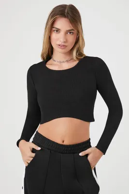 Women's Ribbed Curved-Hem Crop Top in Black, XL