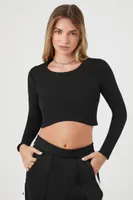 Women's Ribbed Curved-Hem Crop Top in Black Medium