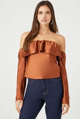 Women's Satin Off-the-Shoulder Flounce Top Chestnut