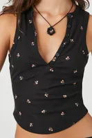 Women's Ditsy Floral Print Tank Top in Black, XL