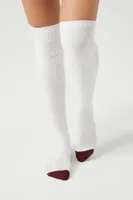 Textured Over-the-Knee Socks in White/Burgundy