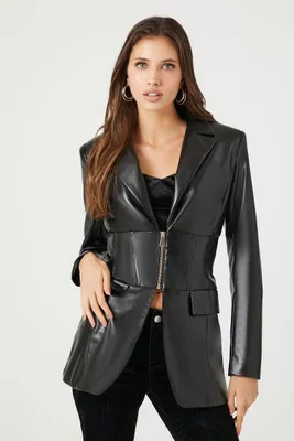 Women's Faux Leather Zip-Up Blazer in Black Large