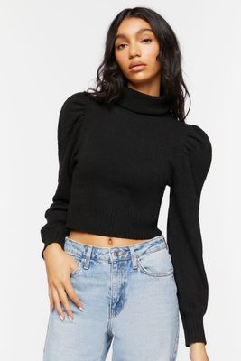 Women's Puff-Sleeve Turtleneck Sweater in Black Large