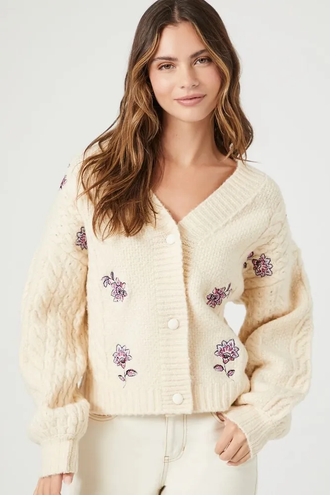 Women's Floral Embroidered Cardigan Sweater in Cream, XL