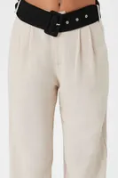 Women's Belted Straight-Leg Pants in Khaki/Black Small