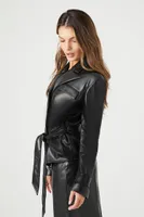 Women's Faux Leather Tie-Waist Trench Coat in Black, XS