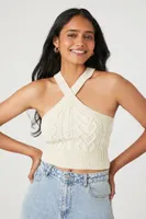 Women's Cable Knit Halter Crop Top in Oatmeal Medium