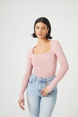 Women's Ribbed Knit Long-Sleeve Bodysuit in Pale Mauve Small