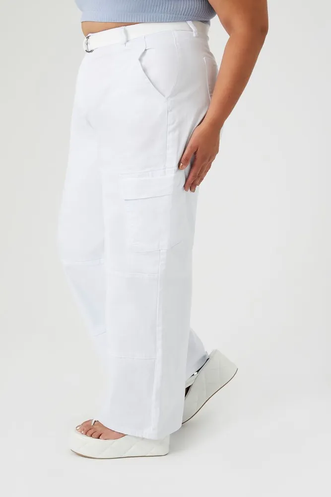 Women's Belted Wide-Leg Cargo Pants in White, 1X