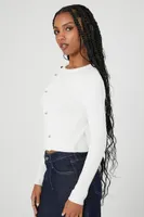 Women's Ribbed Knit Button Sweater in White, XL