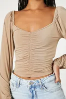 Women's Ruched Peasant-Sleeve Top in Taupe, XL