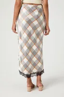 Women's Plaid Lace-Trim Maxi Skirt in White, XS