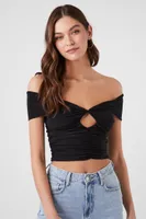 Women's Off-the-Shoulder Shirred Crop Top in Black, XS