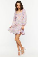 Women's Rose Print Flounce Mini Dress in Pink Small