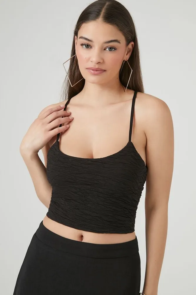 Forever 21 Women's Textured Lace-Back Cropped Cami in Black Large