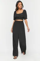 Women's Puff-Sleeve Crop Top & Wide-Leg Pants Set in Black Small