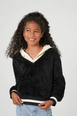 Girls Varsity-Striped Combo Hoodie (Kids) in Black/Cream, 5/6