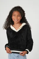 Girls Varsity-Striped Combo Hoodie (Kids) in Black/Cream, 5/6