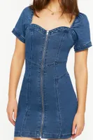 Women's Denim Zip-Up Sweetheart Mini Dress in Medium Denim Small