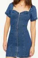 Women's Denim Zip-Up Sweetheart Mini Dress in Medium Denim