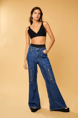 Women's Zipper Cargo Mid-Rise Flare Jeans in Medium Denim, 27
