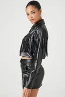 Women's Cropped Fringe Trucker Jacket in Black Small