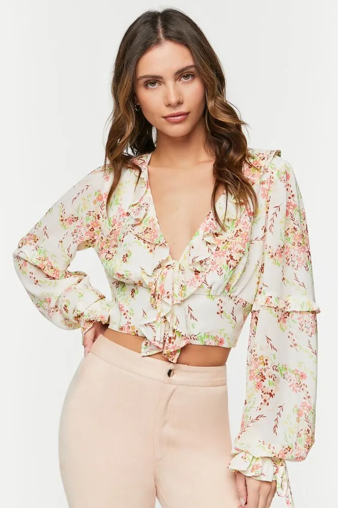 Women's Floral Ruffled Chiffon Crop Top in Cream Small