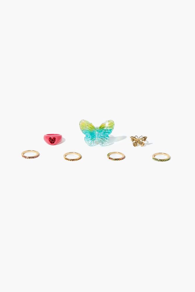 Women's Butterfly & Cocktail Ring Set in Pink/Blue, 6