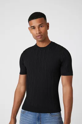 Men Ribbed Knit T-Shirt in Black Large