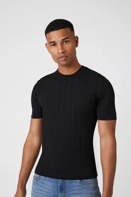 Men Ribbed Knit T-Shirt in Black, XXL