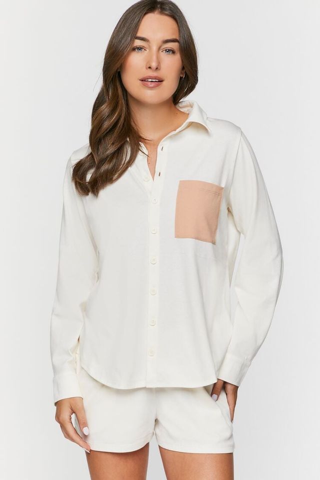 Women's Colorblock Button-Front Pajama Shorts in Tan/White Small