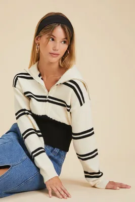 Women's Striped Colorblock Combo Sweater in White/Black Small