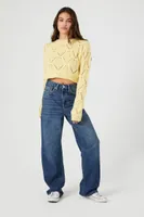 Women's Cropped Pointelle Knit Sweater in Pale Banana Large