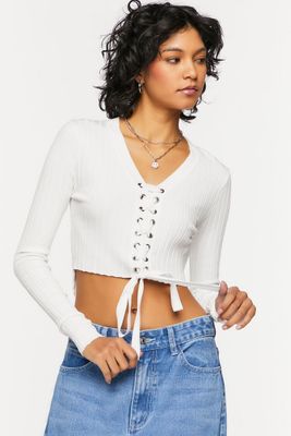 Women's Lace-Up Long-Sleeve Sweater-Knit Crop Top in Vanilla Small