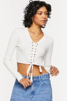 Women's Lace-Up Long-Sleeve Sweater-Knit Crop Top in Vanilla Small