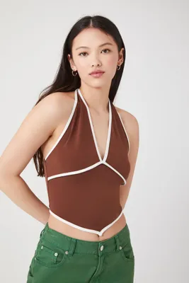 Women's Cropped Halter Top in Brown/White Large