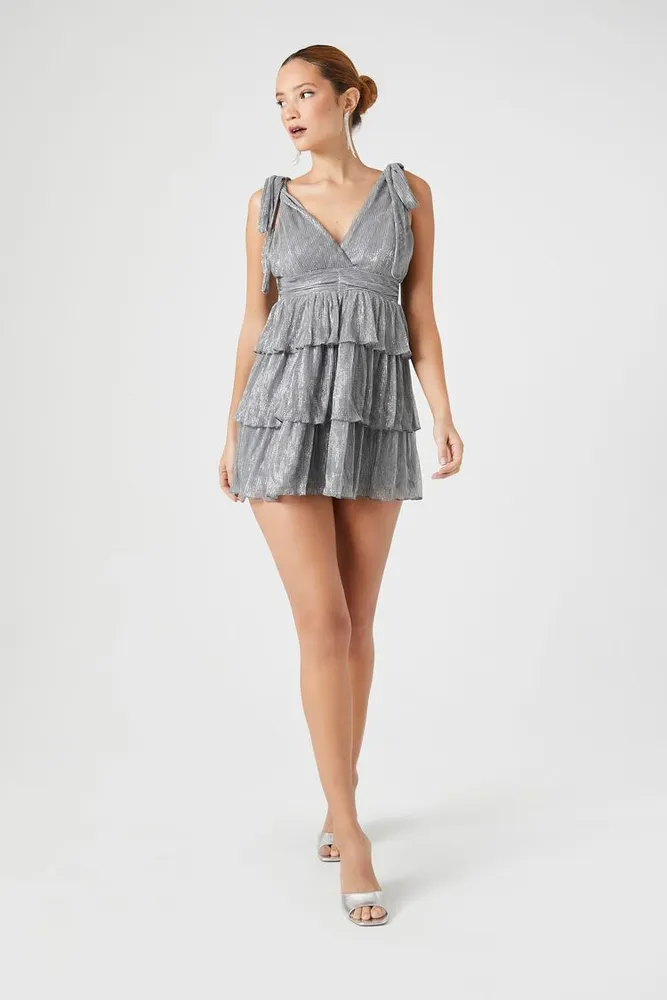 Women's Metallic Ruffle Mini Dress in Silver Small