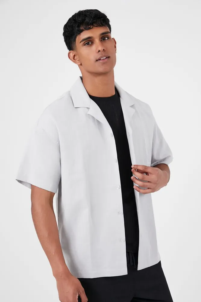 Men Cotton-Blend Short-Sleeve Shirt in Light Grey, XL