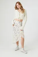 Women's Satin Floral Print Midi Skirt in Ivory Small