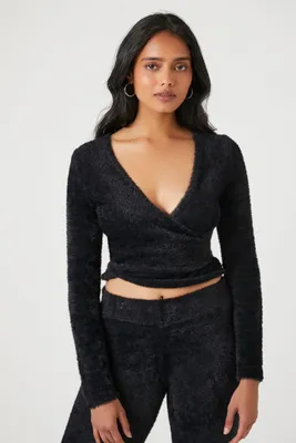 Women's Cropped Sweater-Knit Wrap Top in Black Medium