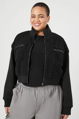 Women's Faux Shearling Bomber Jacket in Black, 3X