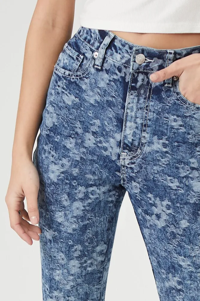Women's Floral Print High-Rise Flare Jeans in Medium Denim, 24