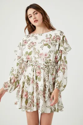 Women's Floral Print Layered Mini Dress in Ivory Small