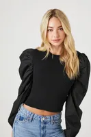 Women's Ruched Sweater-Knit Crop Top in Black, XS