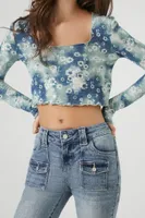 Women's Tie-Dye Floral Print Crop Top in Blue Small