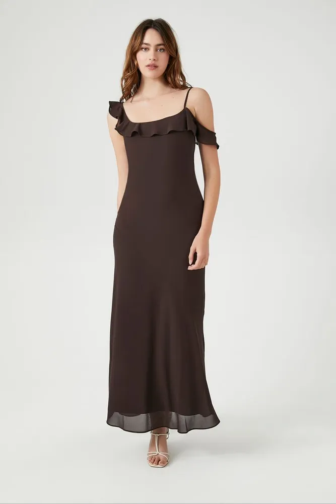 Women's Chiffon Ruffle-Trim Slip Maxi Dress in Brown Small