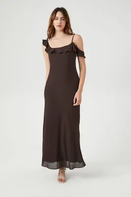 Women's Chiffon Ruffle-Trim Slip Maxi Dress in Brown Small