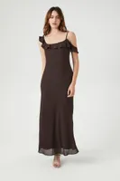 Women's Chiffon Ruffle-Trim Slip Maxi Dress in Brown Small