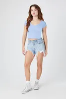 Women's Pointelle Knit Cropped T-Shirt in Blue, XL