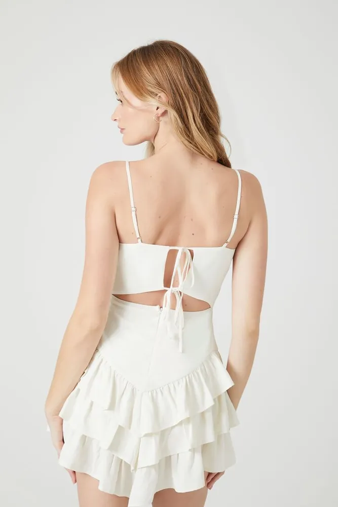 Women's Cutout Ruffle-Tiered Mini Dress in White Small
